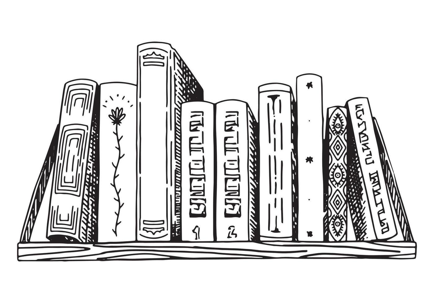 schets tekening van hangende boekenplank. een stack van boeken. hand- getrokken vector illustratie. gravure retro stijl clip art geïsoleerd Aan wit achtergrond.