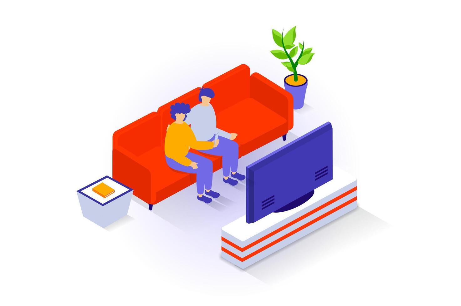 huis interieur concept in 3d isometrische ontwerp. mensen rust uit in leven kamer, zitten Aan sofa met kant tafel en plant, aan het kijken TV plasma Aan stellage. vector illustratie met isometrie tafereel voor web grafisch