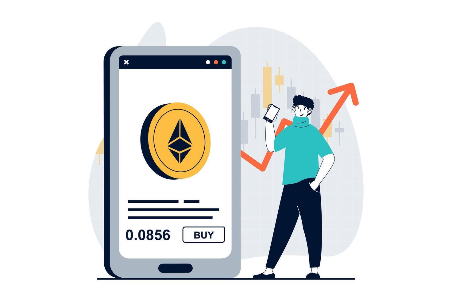 cryptogeld marktplaats concept met mensen tafereel in vlak ontwerp voor web. Mens buying ethereum munten en beheren in bank app. vector illustratie voor sociaal media banier, afzet materiaal.