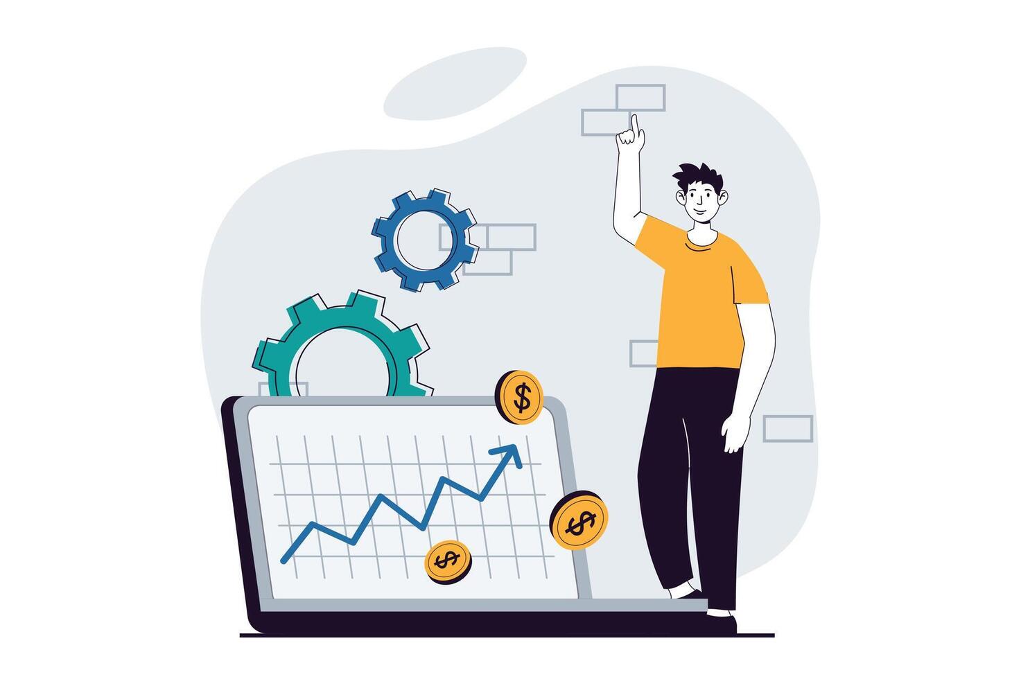 bedrijf maken concept met mensen tafereel in vlak ontwerp voor web. Mens analyses pijl diagram van winst en geslaagd financieel groei. vector illustratie voor sociaal media banier, afzet materiaal.