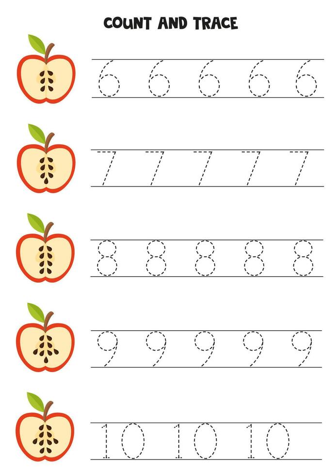 tellen appel zaden en spoor nummers. leerzaam werkblad voor kinderen. vector