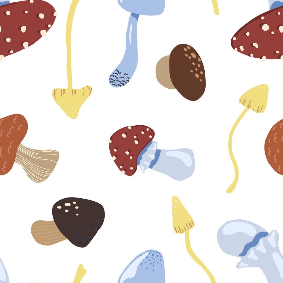schattig champignons vlak hand- getrokken vector naadloos patroon. kleurrijk behang in Scandinavisch stijl. herfst oogst schetsen achtergrond voor origineel ontwerp, afdrukken, inpakken, textiel, kleding stof, decor, kaart.