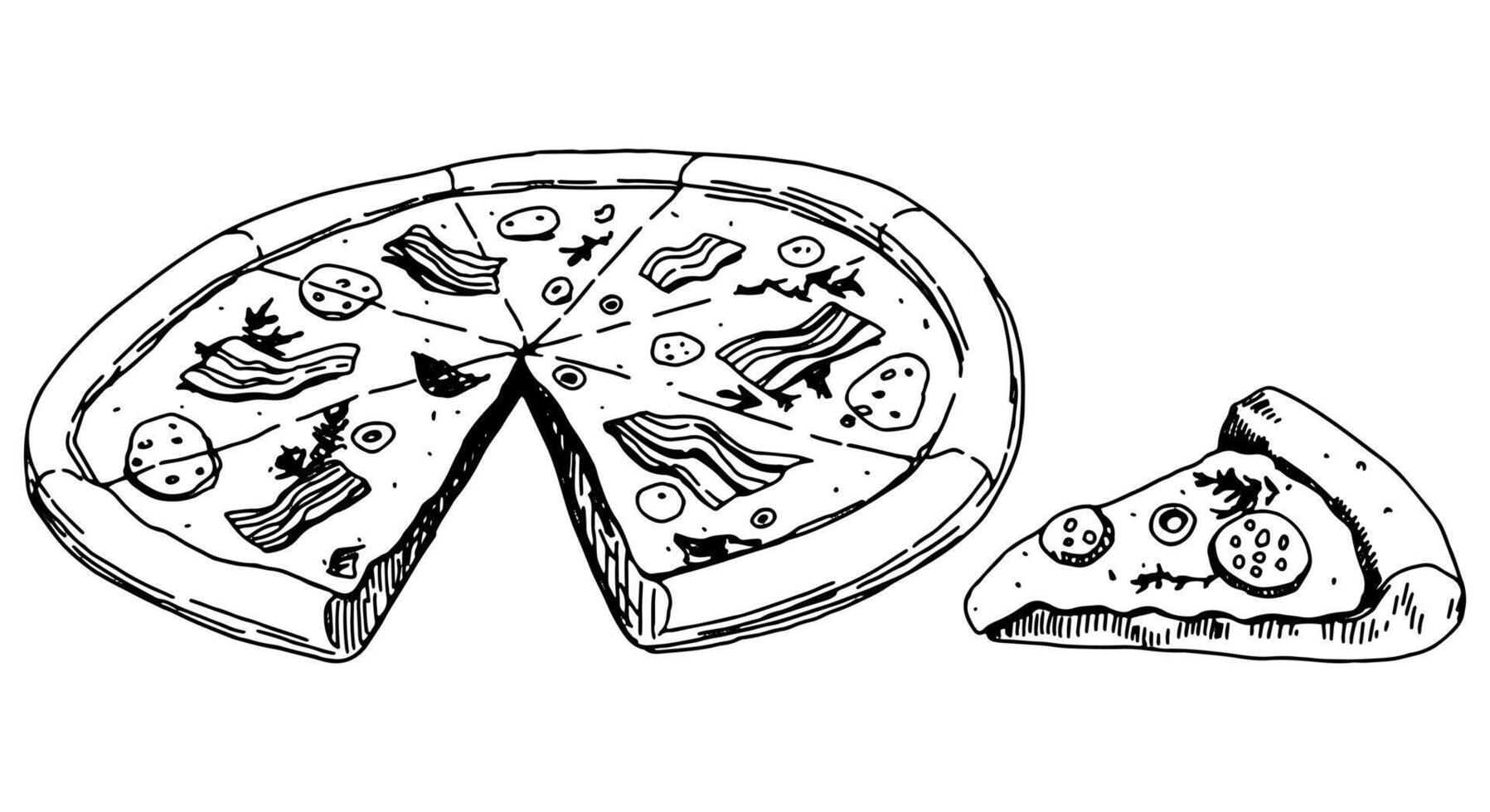 smakelijk pizza schetsen. hand- getrokken vector illustratie in retro stijl. single snel voedsel tekening. schets clip art geïsoleerd Aan wit achtergrond.