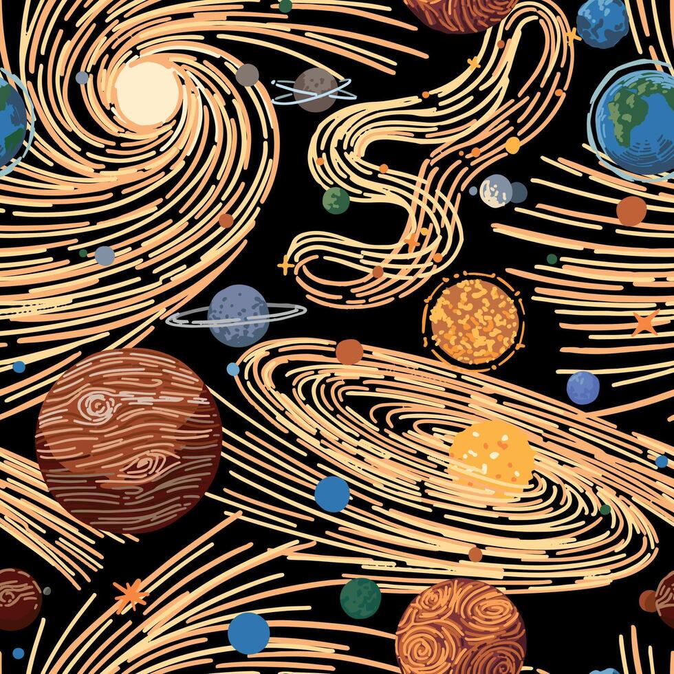 abstract kosmisch ruimte naadloos patroon. ornament van planeten, sterren, kometen, asteroïden, sterrenstelsels. hand- getrokken kleurrijk vector illustraties.