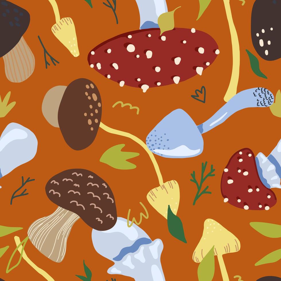 schattig champignons vlak hand- getrokken vector naadloos patroon. kleurrijk behang in Scandinavisch stijl. herfst oogst schetsen achtergrond voor origineel ontwerp, afdrukken, inpakken, textiel, kleding stof, decor, kaart.