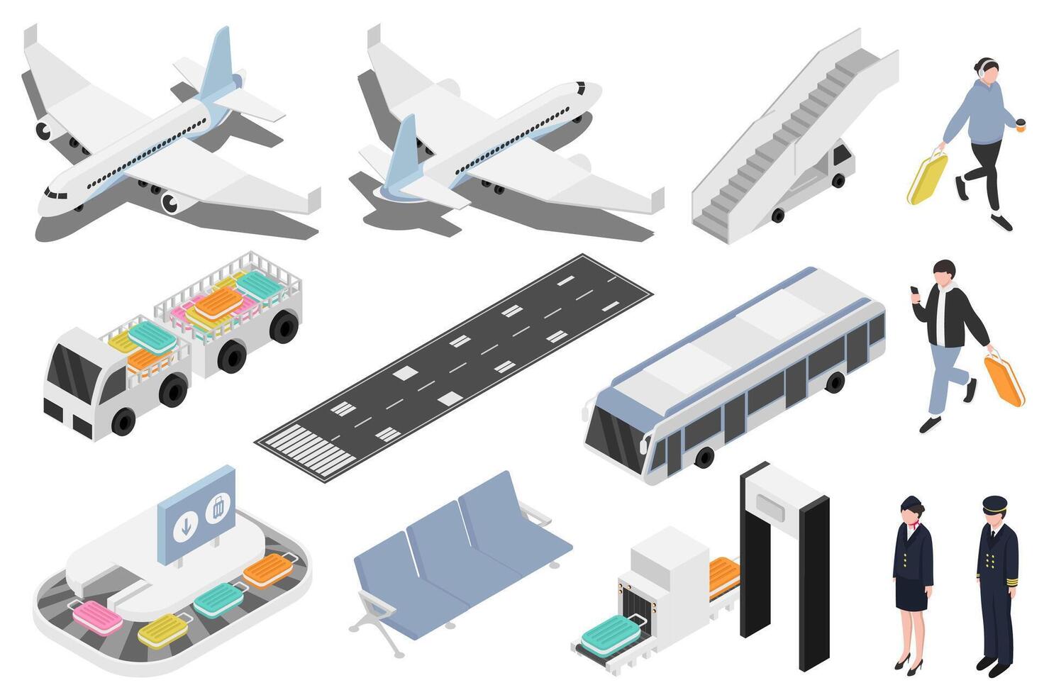 luchthaven isometrische elementen bouwer mega set. Schepper uitrusting met vlak grafisch vliegtuigen, veiligheid controle, bagage lijn, stoelen in aan het wachten kamer, passagiers. vector illustratie in 3d isometrie ontwerp