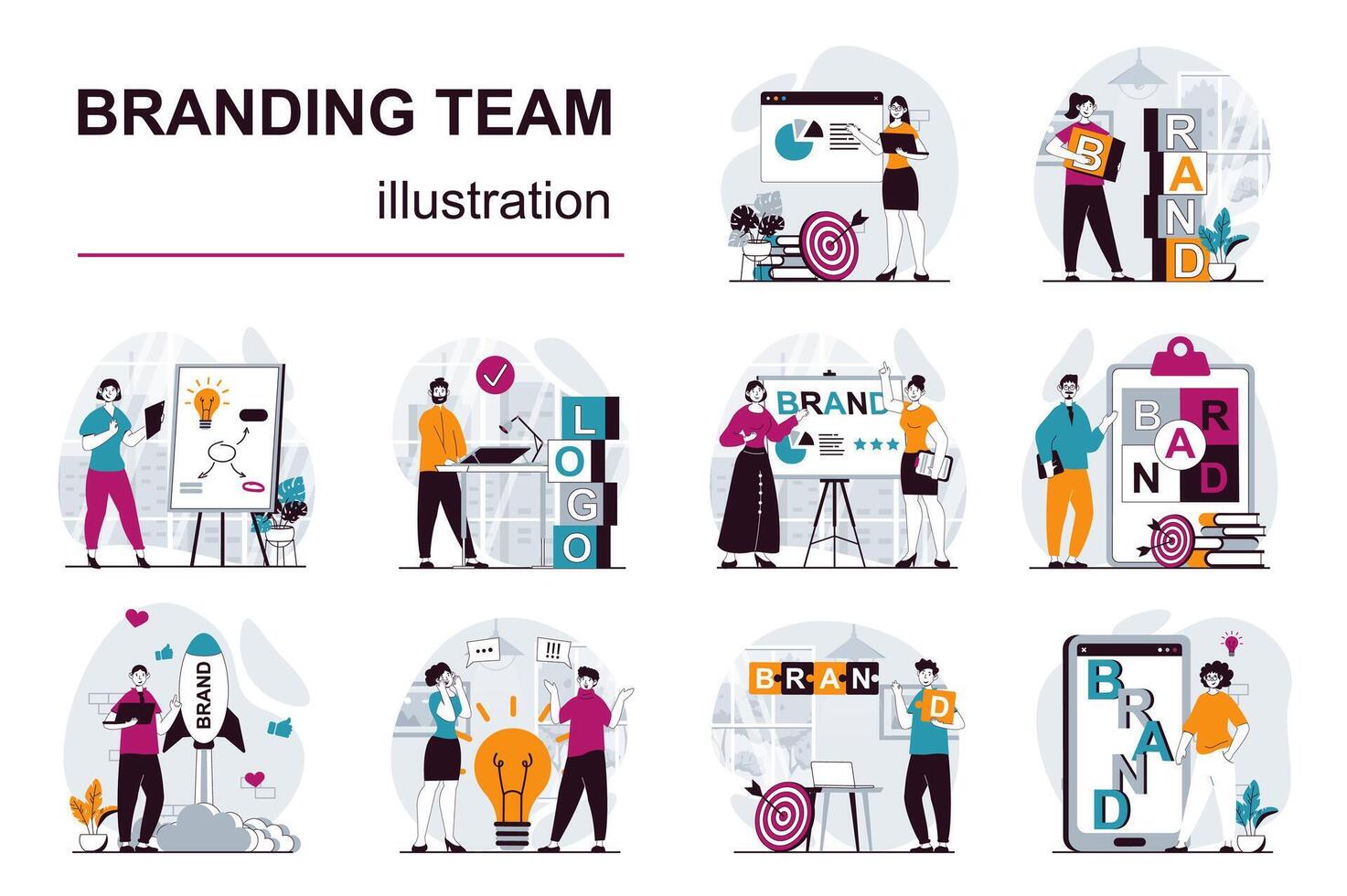 branding team concept met karakter situaties mega set. bundel van scènes mensen lancering merk, creëren logo en identiteit, maken afzet promotionele campagne. vector illustraties in vlak web ontwerp