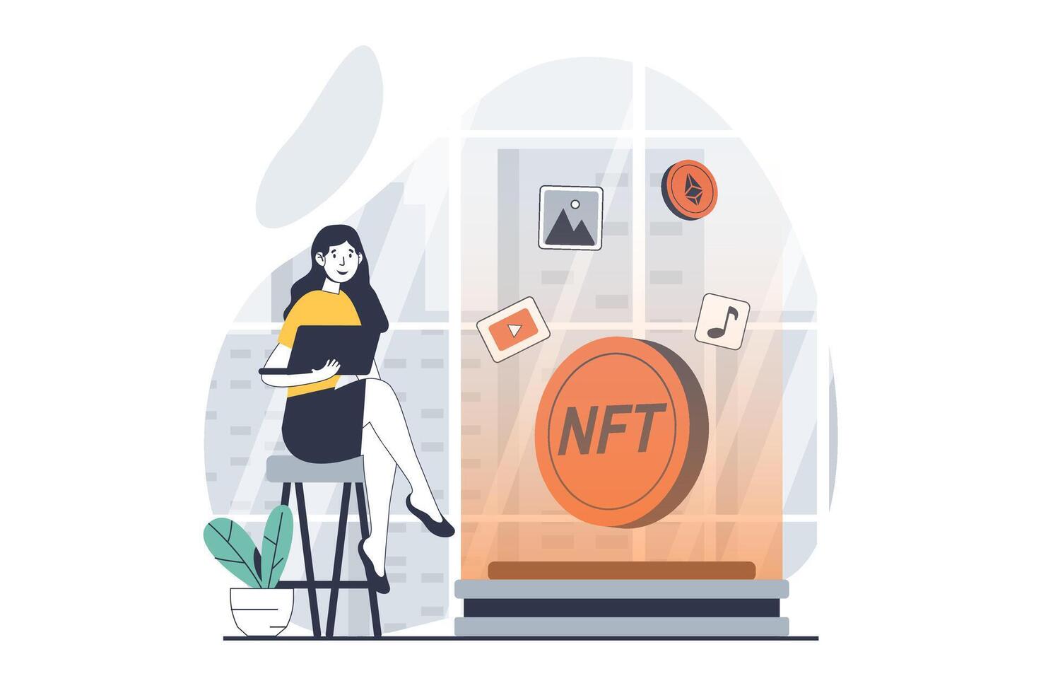 nft token concept met mensen tafereel in vlak ontwerp voor web. vrouw buying of verkoop digitaal kunst in virtueel marktplaatsen met cryptovaluta. vector illustratie voor sociaal media banier, afzet materiaal.