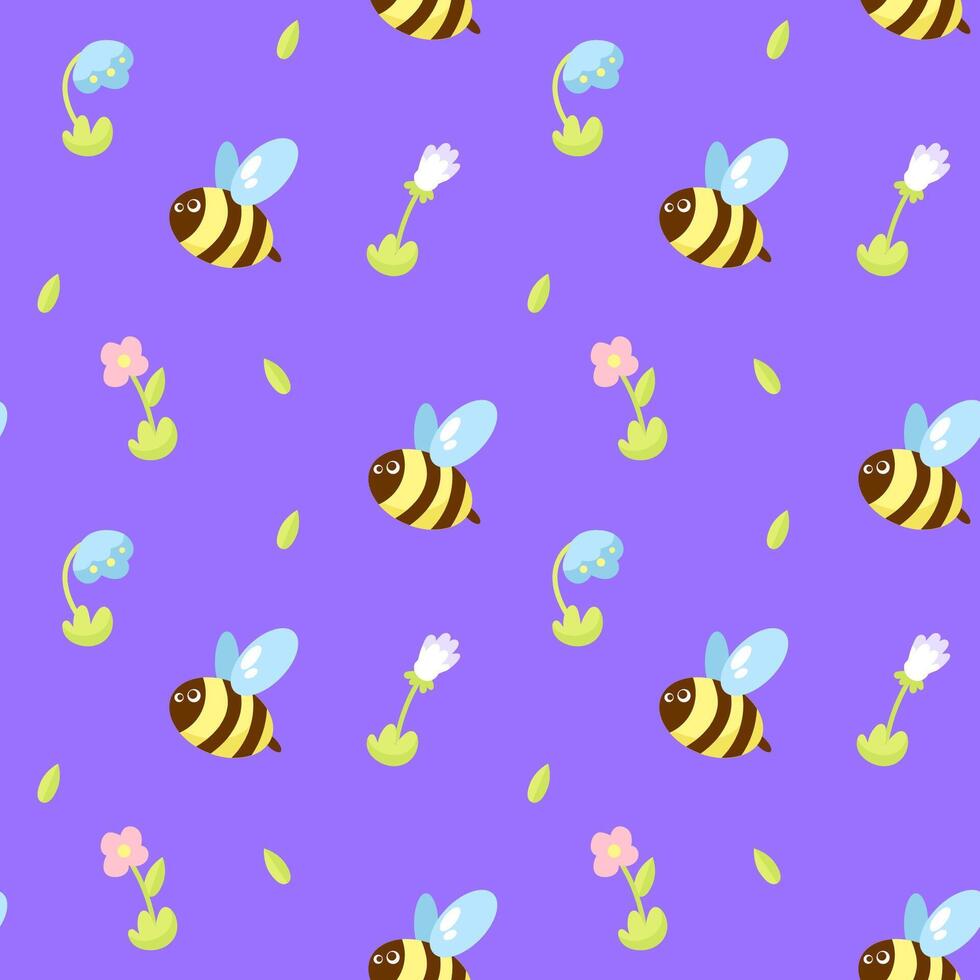 naadloos patroon met bijen en bloemen Aan paars achtergrond vector