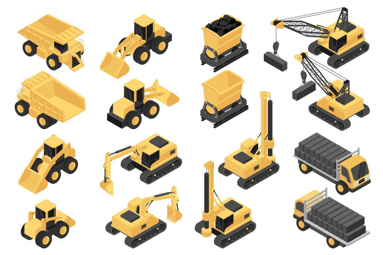 bouw uitrusting isometrische elementen bouwer mega set. Schepper uitrusting met vlak grafisch beton machines, dump vrachtwagens, graafmachines, karretje, kranen. vector illustratie in 3d isometrie ontwerp