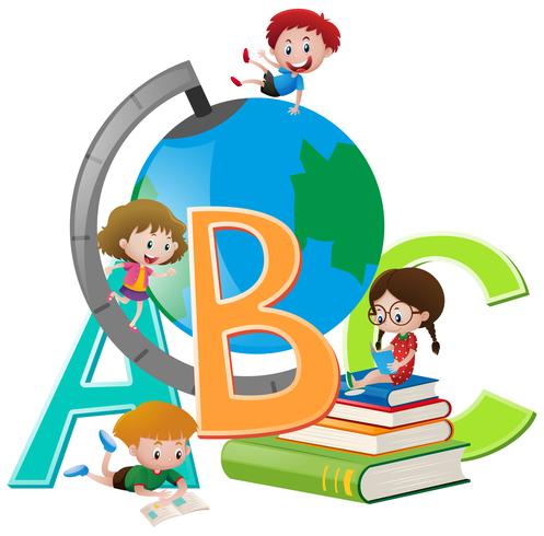 Vier kinderen met globe en boeken vector