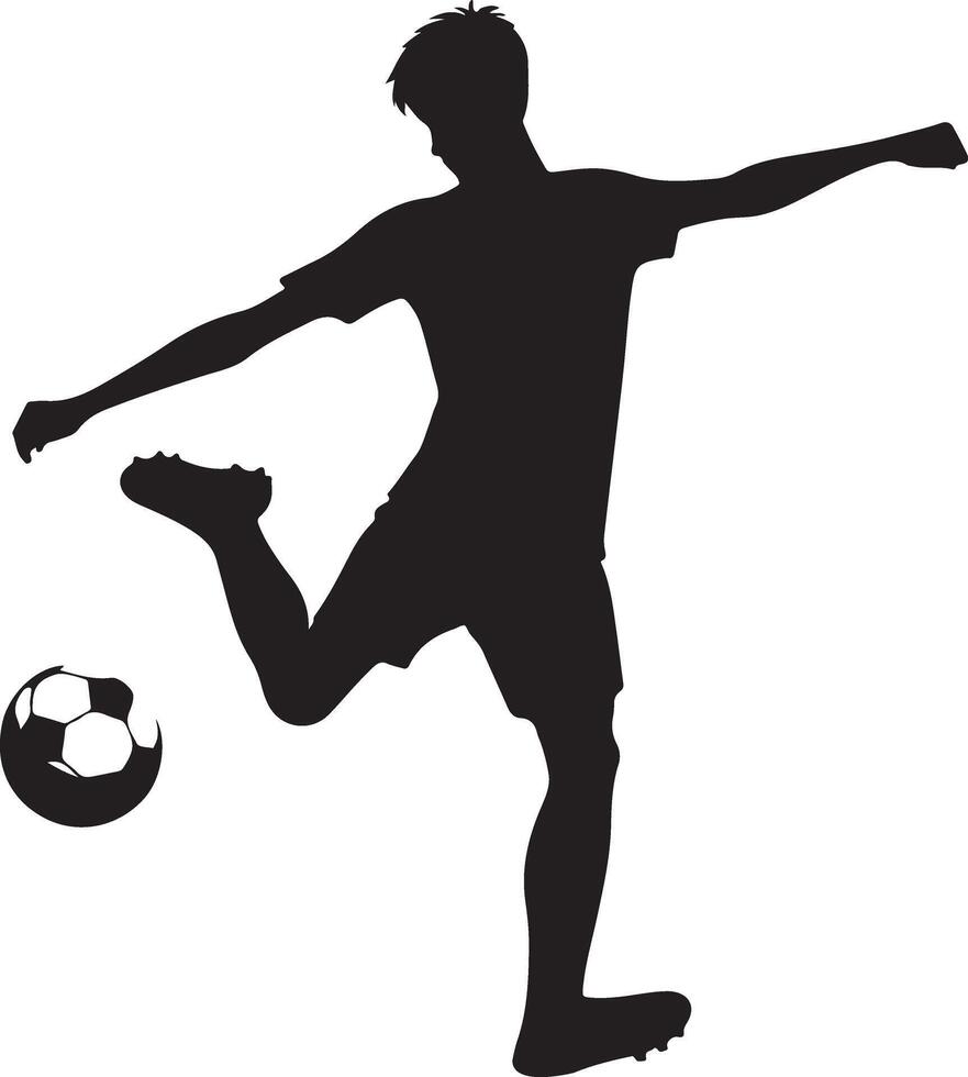 minimaal jong voetbal speler schoppen een bal houding vector silhouet, zwart kleur silhouet