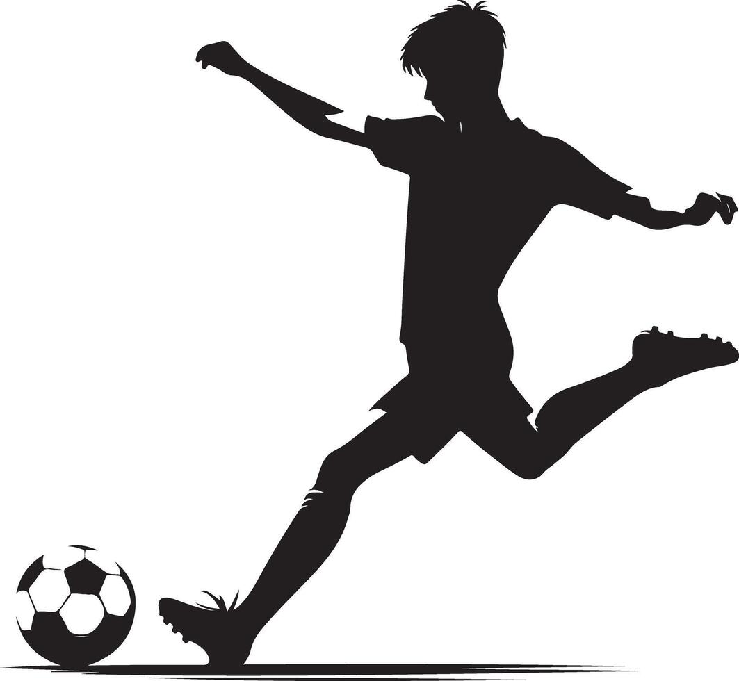 minimaal jong voetbal speler schoppen een bal houding vector silhouet, zwart kleur silhouet 11