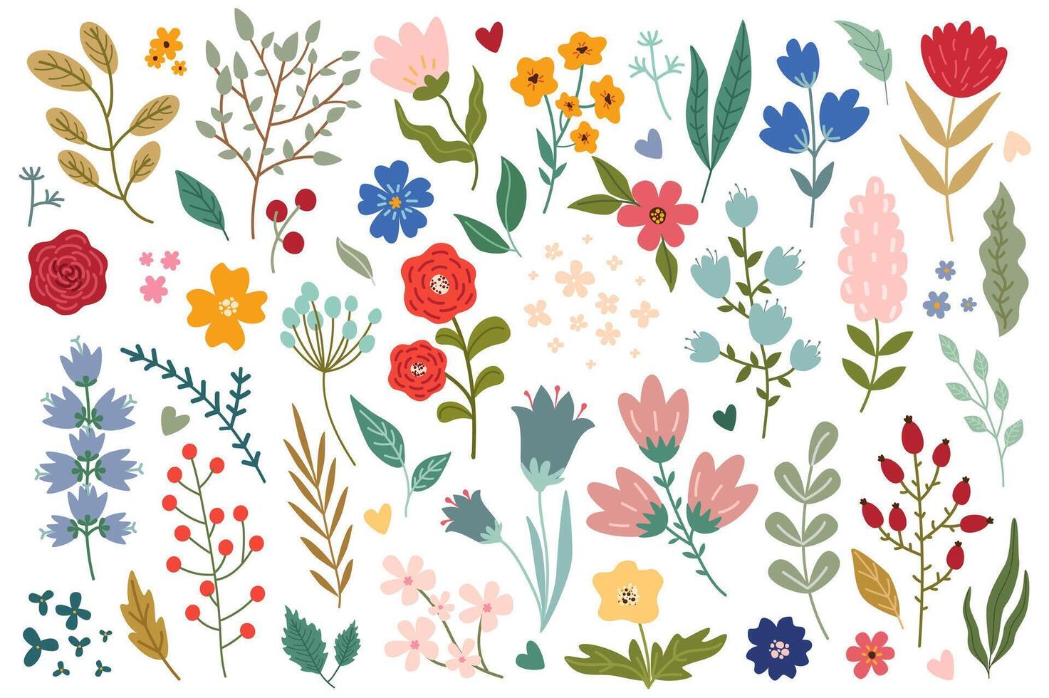 bloemen en kruiden mega reeks grafisch elementen in vlak ontwerp. bundel van abstract wilde bloemen, madeliefje, roos, hyacint en andere weide bloesems, planten met bladeren. vector illustratie geïsoleerd voorwerpen