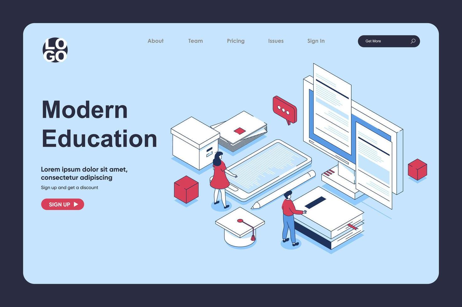 modern onderwijs concept in 3d isometrische ontwerp voor landen bladzijde sjabloon. mensen lezing e-boeken, aan het leren Bij huis online, aan het kijken webinars of video lezingen Bij computer. vector illustratie voor web