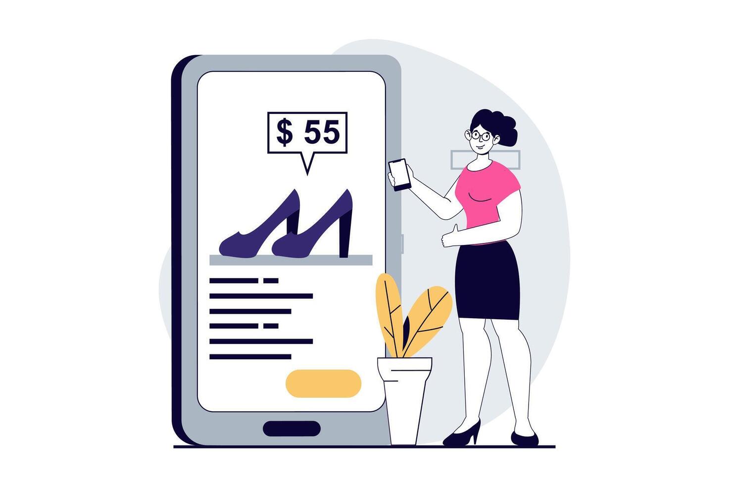 mobiel handel concept met mensen tafereel in vlak ontwerp voor web. vrouw kiezen schoenen in online op te slaan, maken bestellen en betalen in app. vector illustratie voor sociaal media banier, afzet materiaal.