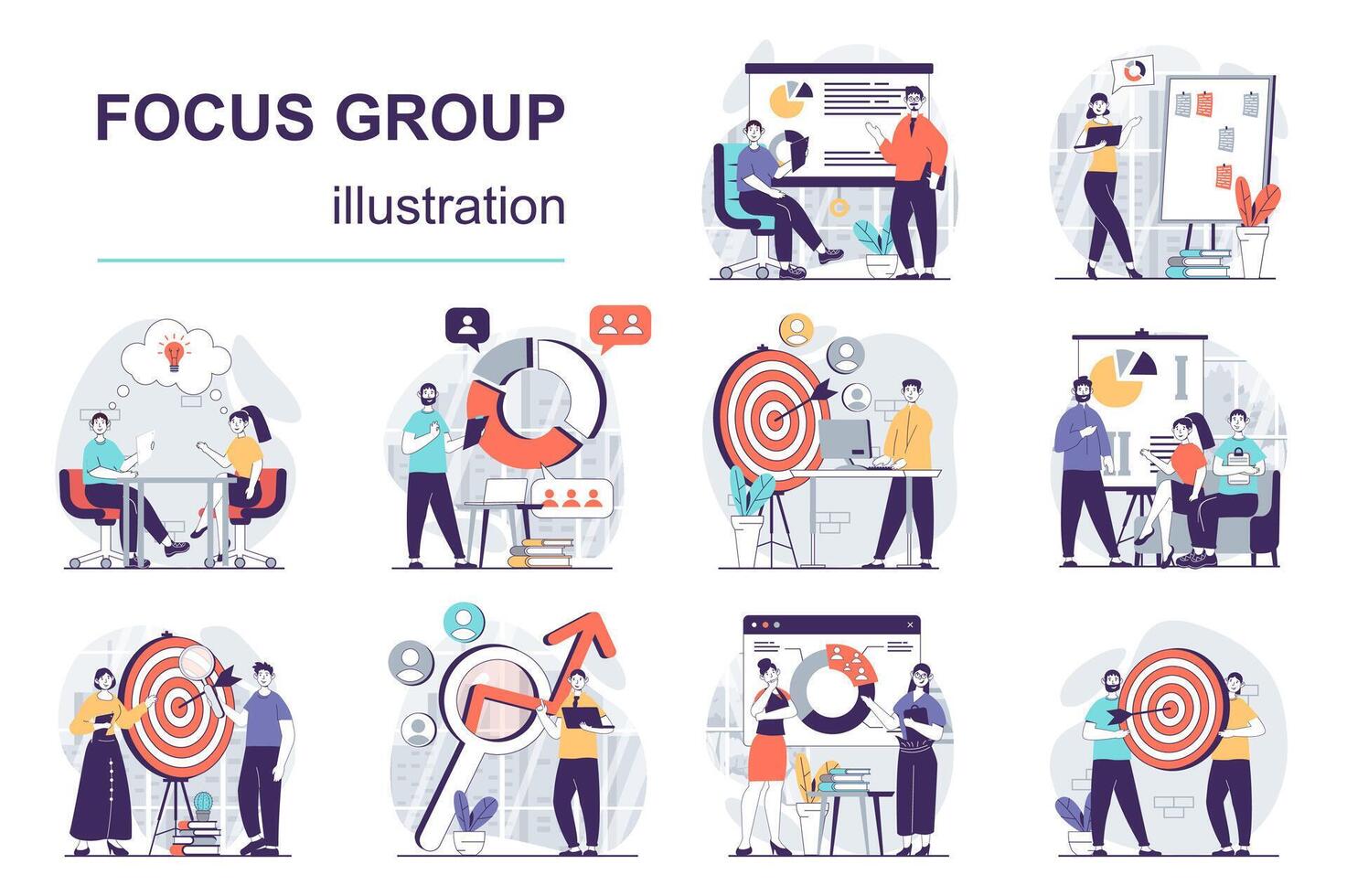 focus groep concept met karakter situaties mega set. bundel van scènes mensen verzamelen gegevens, analyseren markt trends, creëert gericht op naar promoten bedrijf. vector illustraties in vlak web ontwerp