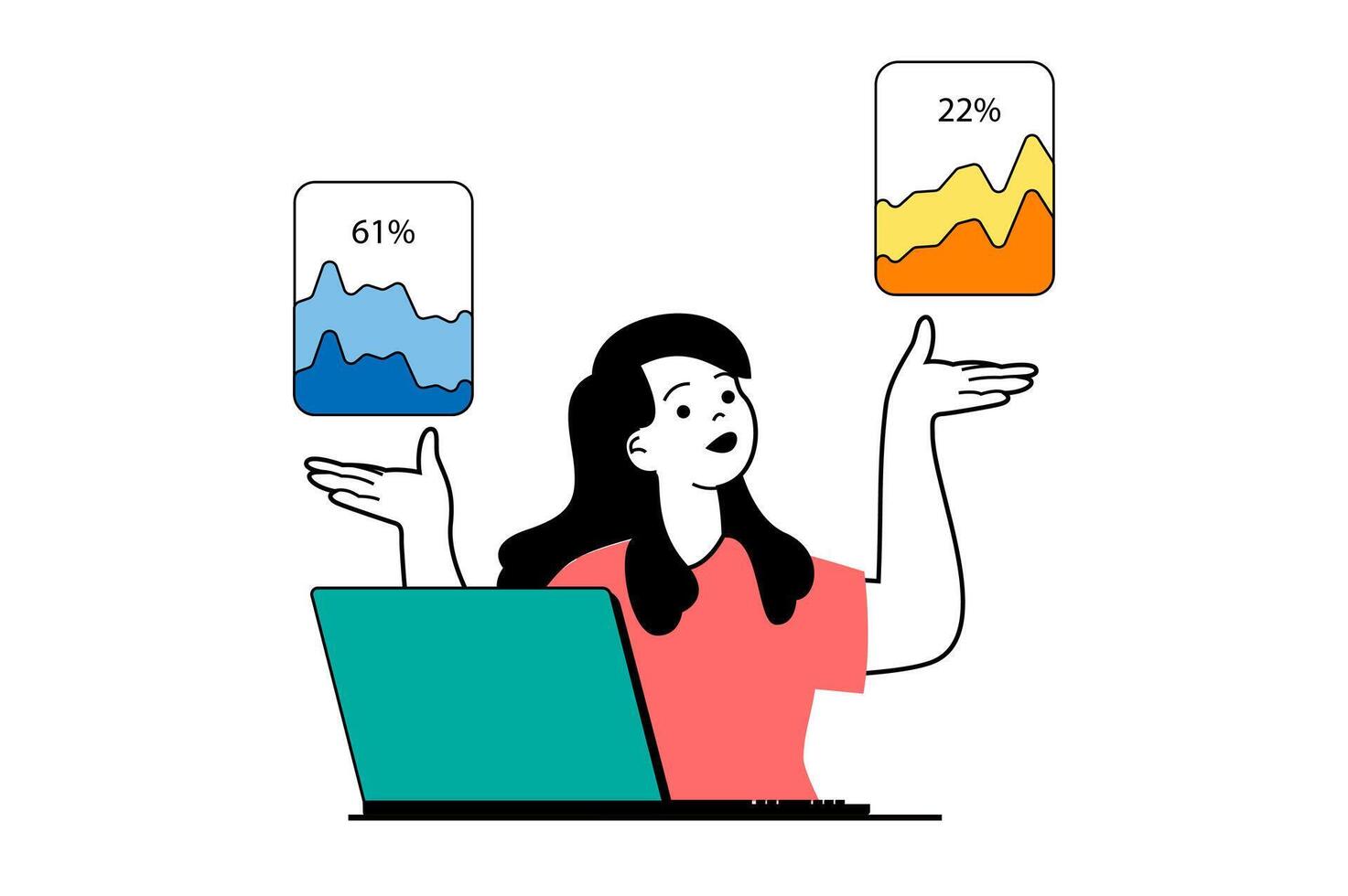 digitaal bedrijf concept met mensen tafereel in vlak web ontwerp. vrouw vergelijkt verkoop prestatie van bedrijf en analyseren statistieken. vector illustratie voor sociaal media banier, afzet materiaal.