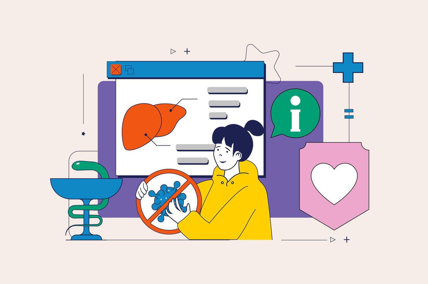 medisch concept in vlak neo brutalisme ontwerp voor web. vrouw krijgen online overleg, professioneel diagnostisch en dokter behandelingen. vector illustratie voor sociaal media banier, afzet materiaal.