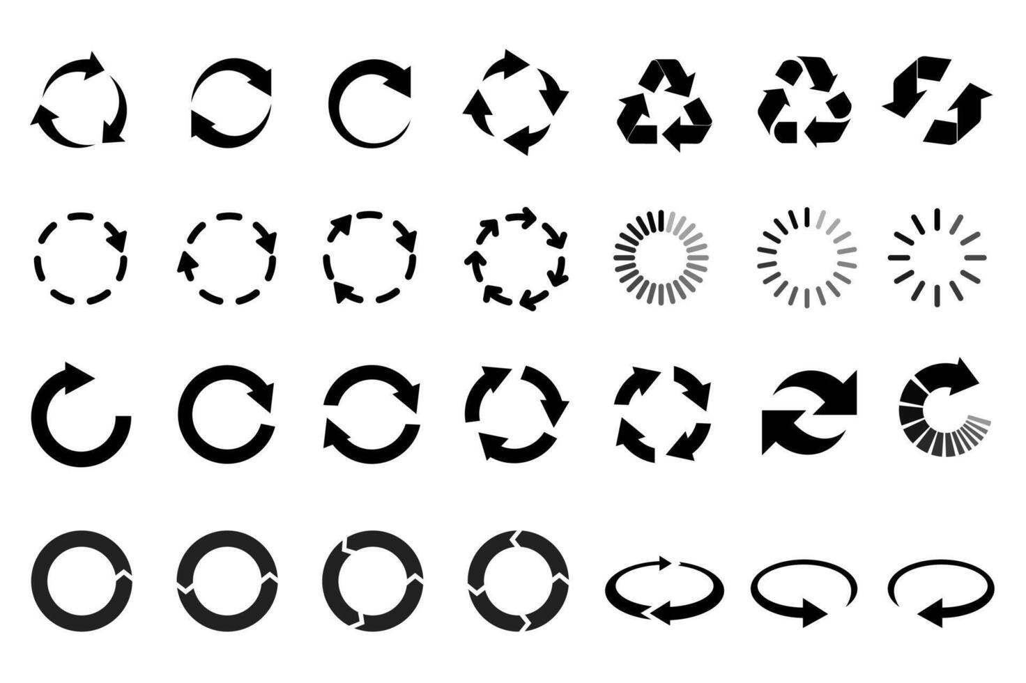 circulaire pijlen mega reeks elementen in vlak ontwerp. bundel van cirkel beweging, opfrissen, herhalen, bezig met laden, draaien, rotatie, herladen, recycle en andere symbolen. vector illustratie geïsoleerd grafisch voorwerpen