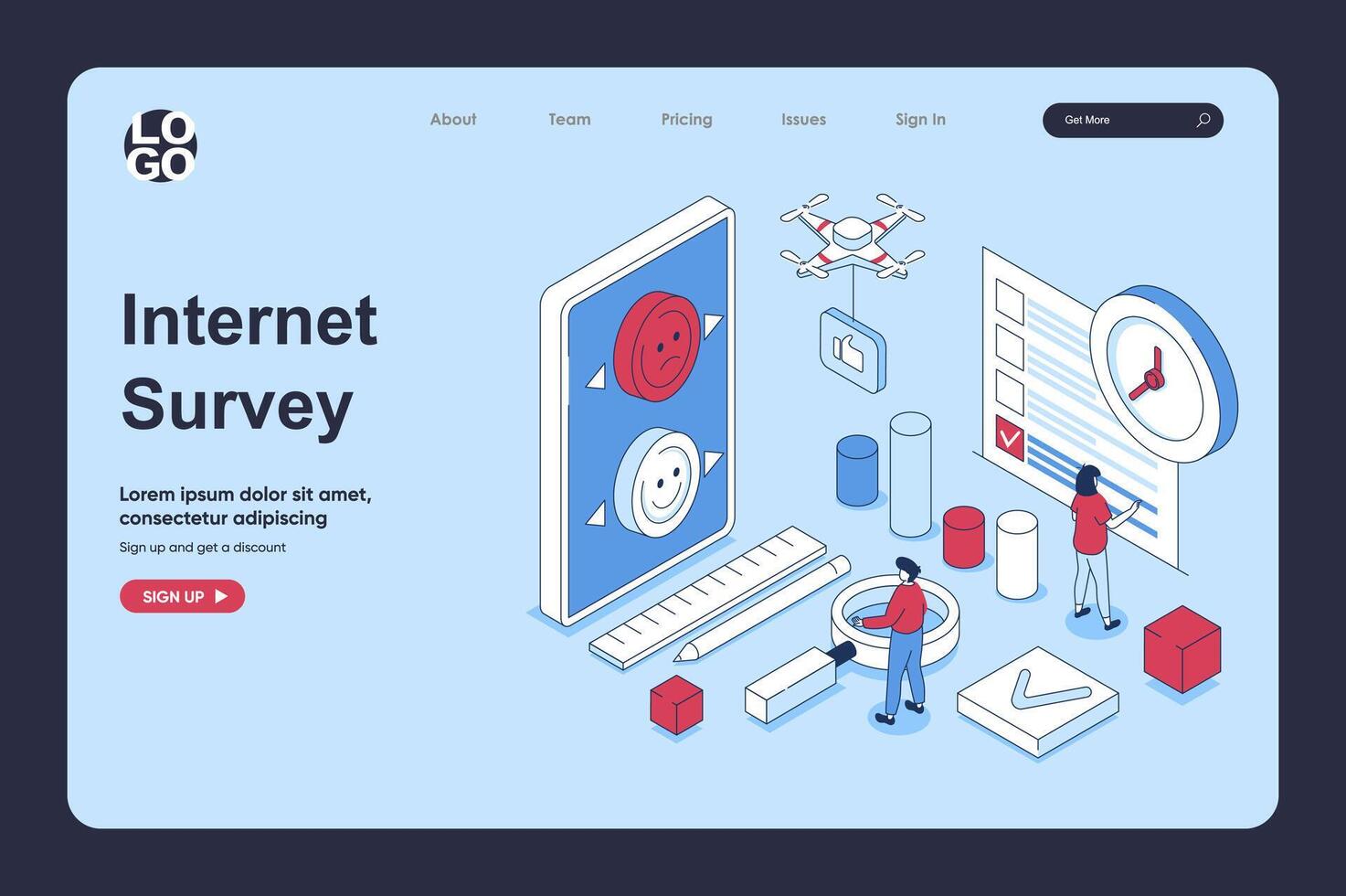 internet enquête concept in 3d isometrische ontwerp voor landen bladzijde sjabloon. mensen beantwoorden en geven cliënt terugkoppeling in vragenlijst het formulier, markering in checkbox lijst. vector illustratie voor web