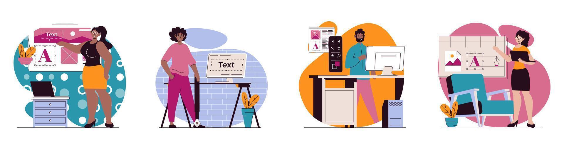 ontwerp agentschap concept met mensen scènes reeks in vlak web ontwerp. bundel van karakter situaties met ontwerpers creëren webpagina en koppel lay-outs, tekening digitaal inhoud. vector illustraties.