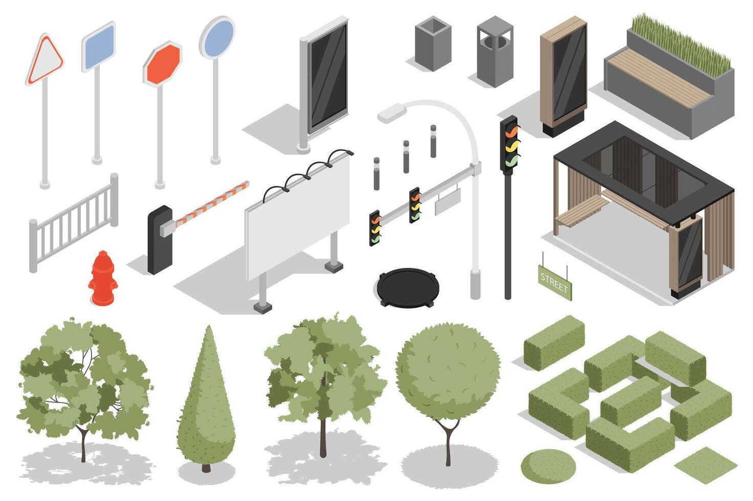 stedelijk infrastructuur isometrische elementen bouwer mega set. Schepper uitrusting met vlak grafisch wegwijzers, spandoeken, hekken, lantaarns, verkeer lichten, park bomen. vector illustratie in 3d isometrie ontwerp