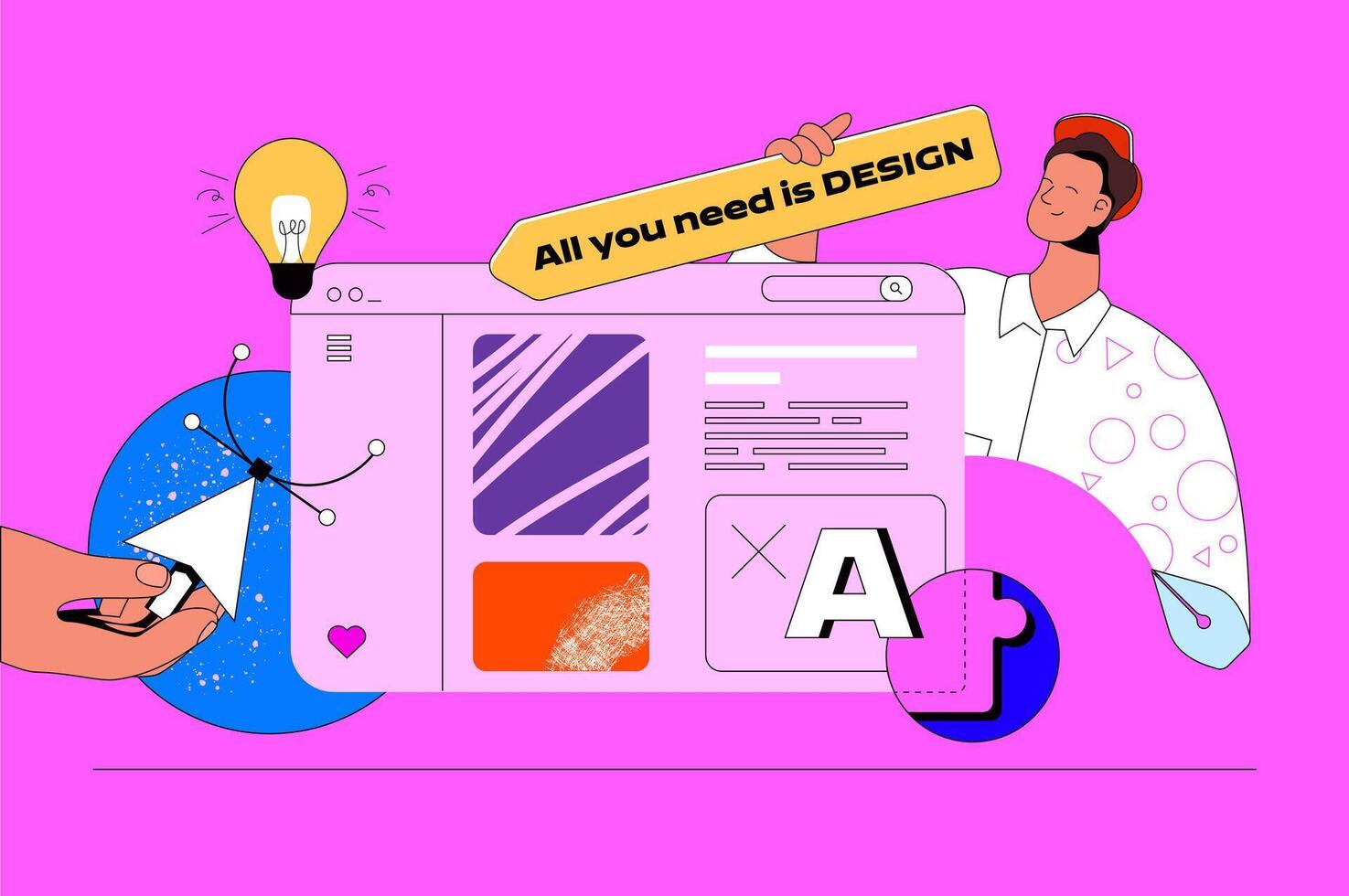 web ontwerp concept met karakter tafereel. ontwerper vinden creatief oplossingen voor sites lay-out en toepassing interfaces. mensen situatie in vlak ontwerp. vector illustratie voor afzet materiaal.