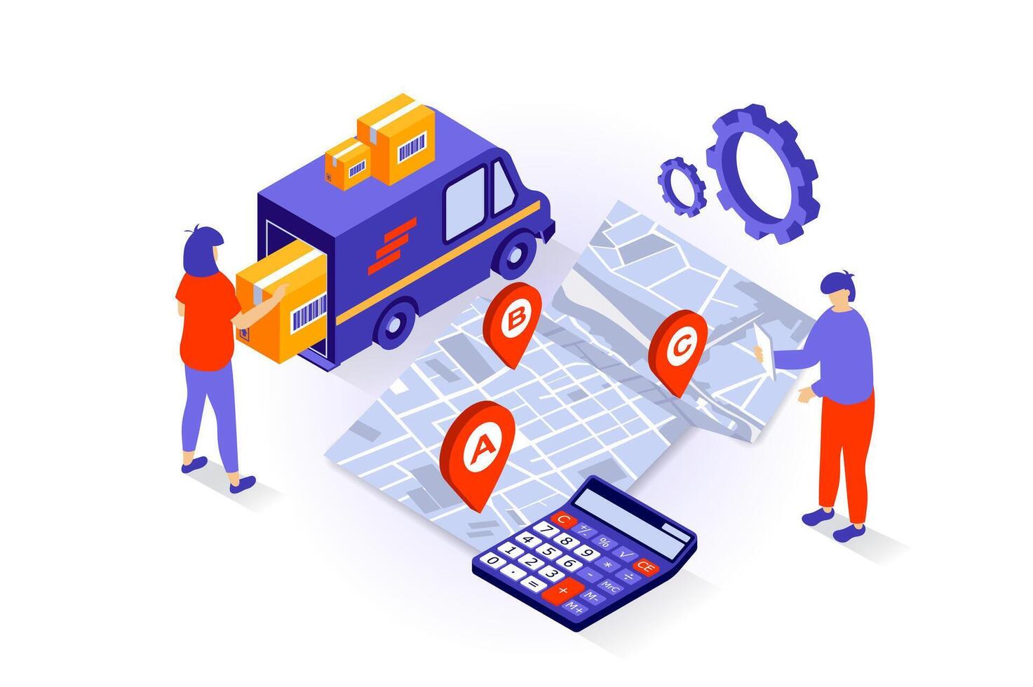 vervoer en logistiek concept in 3d isometrische ontwerp. mensen bezig met laden verpakking in vrachtwagen, berekenen Verzending prijs en aan het wachten levering. vector illustratie met isometrie tafereel voor web grafisch