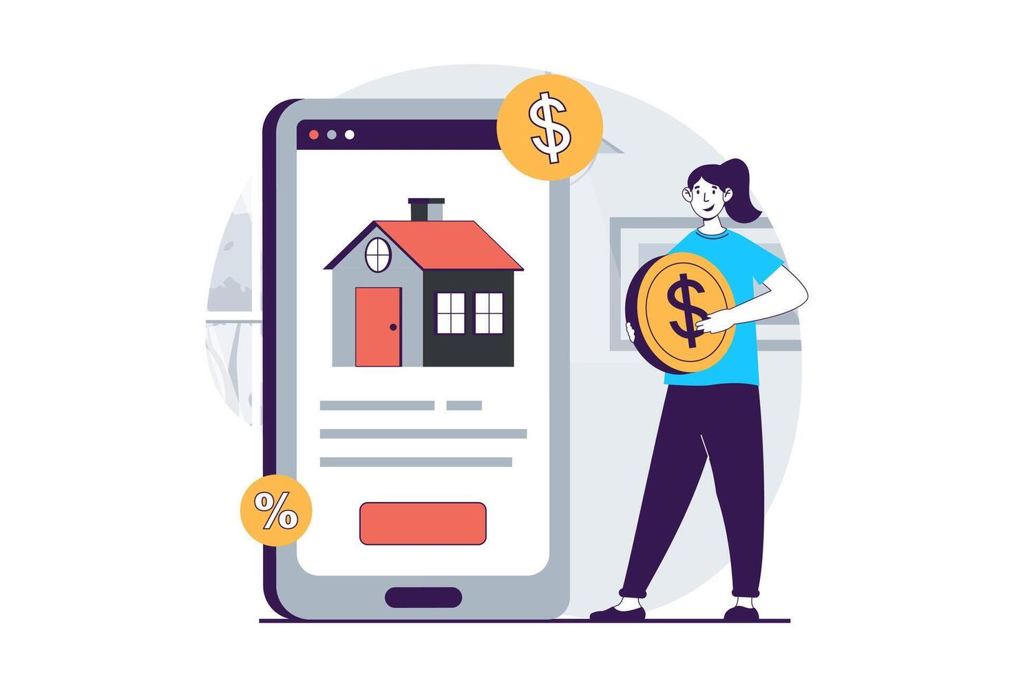 echt landgoed concept met mensen tafereel in vlak ontwerp voor web. vrouw selecteren huizen in mobiel app voor investeren geld in buying huis. vector illustratie voor sociaal media banier, afzet materiaal.