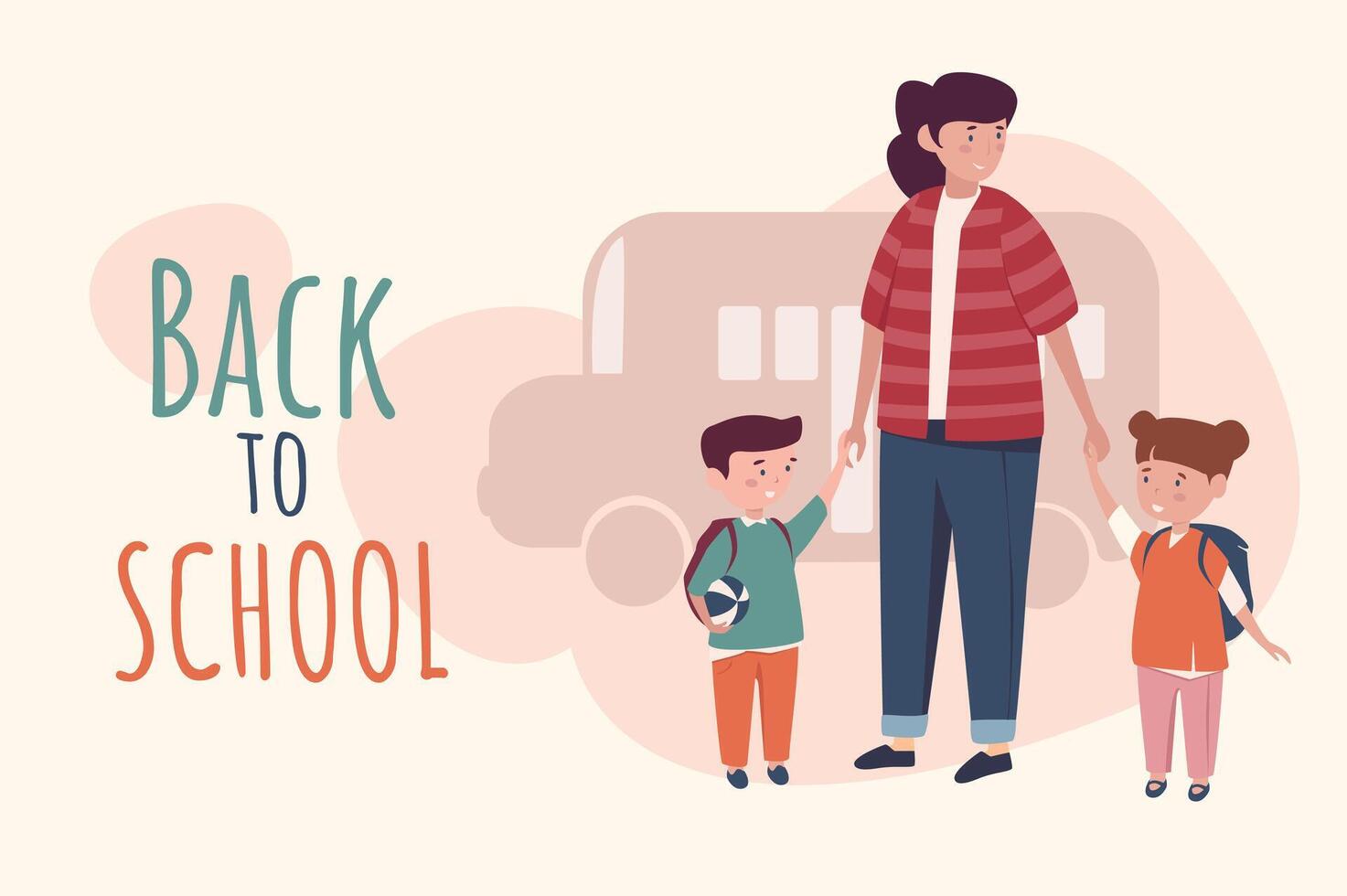 terug naar school- poster sjabloon in vlak ontwerp. banier lay-out met gelukkig moeder Holding haar kinderen hand- en gaan naar klasse samen. mam met elementair leerlingen staand door bus. vector illustratie.