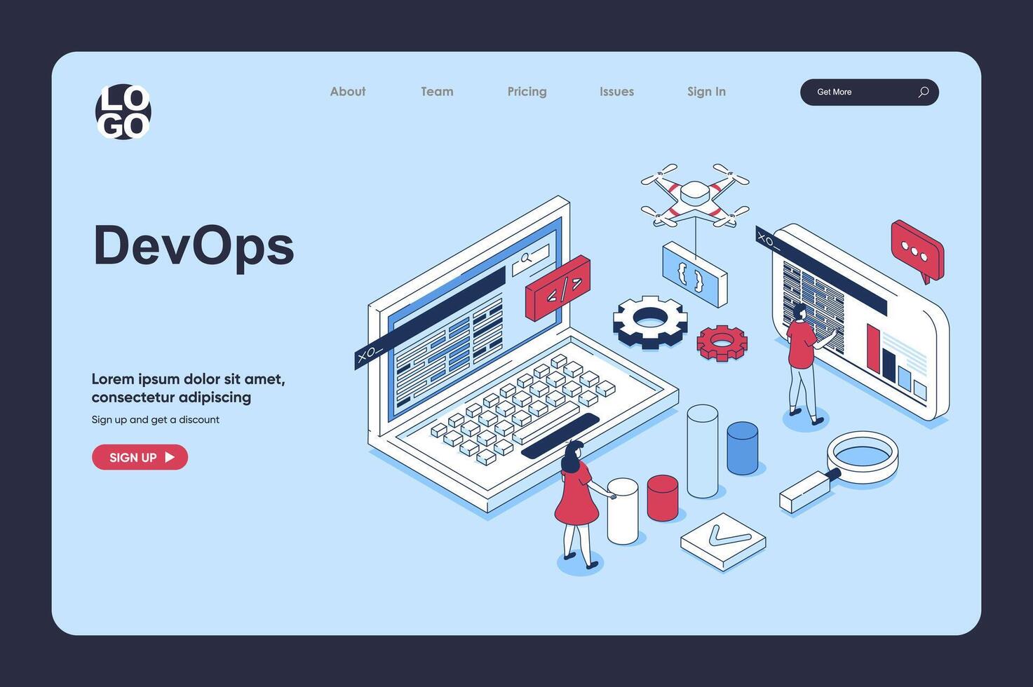 devops concept in 3d isometrische ontwerp voor landen bladzijde sjabloon. mensen implementeren behendig processen en automatiseringen Aan programmering voor creëren en realiseren producten. vector illustratie voor web