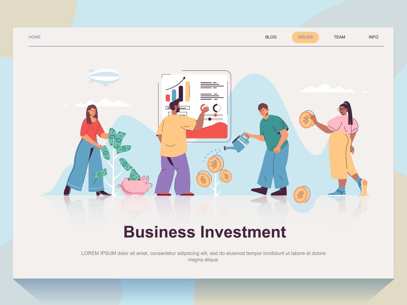 bedrijf investering web concept voor landen bladzijde in vlak ontwerp. Mens en vrouw analyseren statistieken en investeren geld in succes project. vector illustratie met mensen tafereel voor website Startpagina