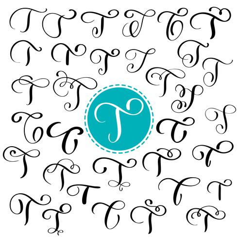 Stel brief T. Hand getrokken vector bloeien kalligrafie. Script lettertype. Geïsoleerde brieven geschreven met inkt. Handgeschreven penseelstijl. Hand belettering voor logo&#39;s verpakking ontwerp poster