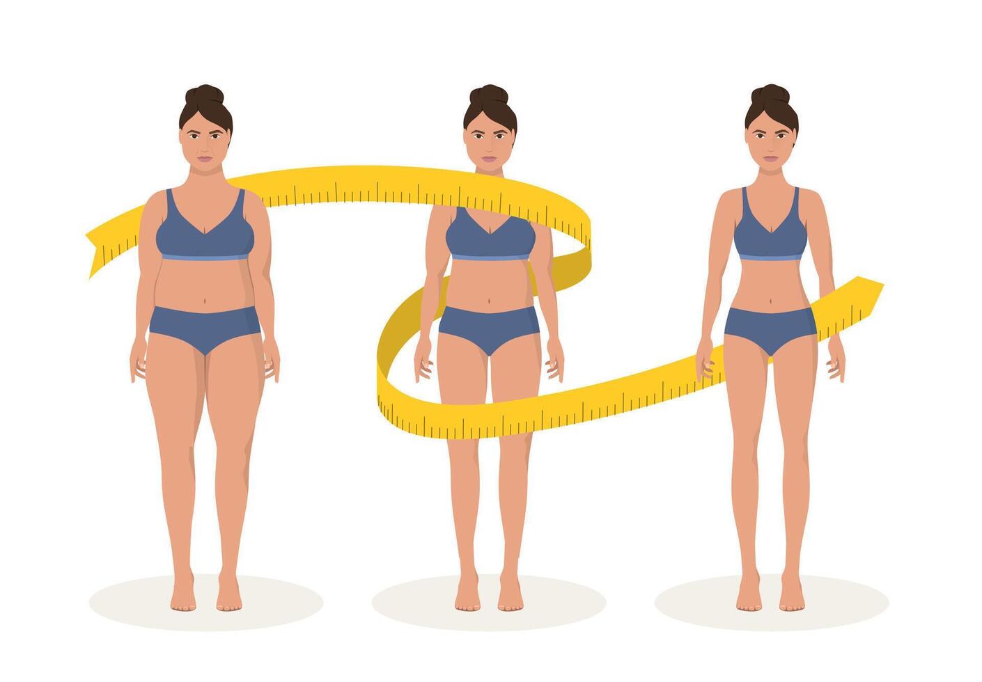 dik en dun vrouw gewicht verlies concept. eetpatroon en geschiktheid. voordat en na lichaam vorm meisje meten slank taille. vector