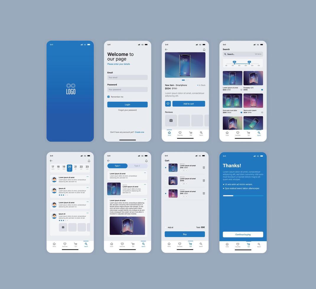 smartphone ui app. telefoon schermen voor winkel sollicitatie. mobiel koppel met account Log in en boodschappen doen kar. schermafbeeldingen snel reagerend website modellen. vector