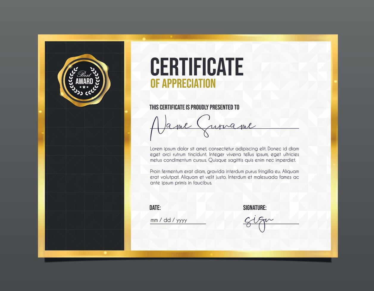 professioneel certificaat van waardering sjabloon diploma met luxe en modern patroon achtergrond. prestatie certificaat. vector