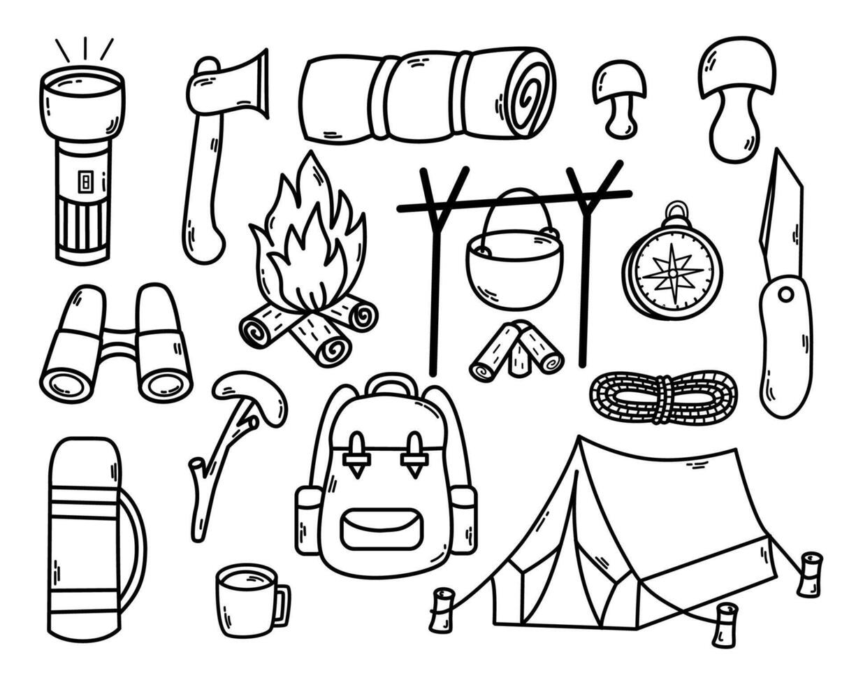 camping buitenshuis tekening set. wild avontuur apparatuur. camping en wandelen artikelen. buitenshuis recreatie concept. vector