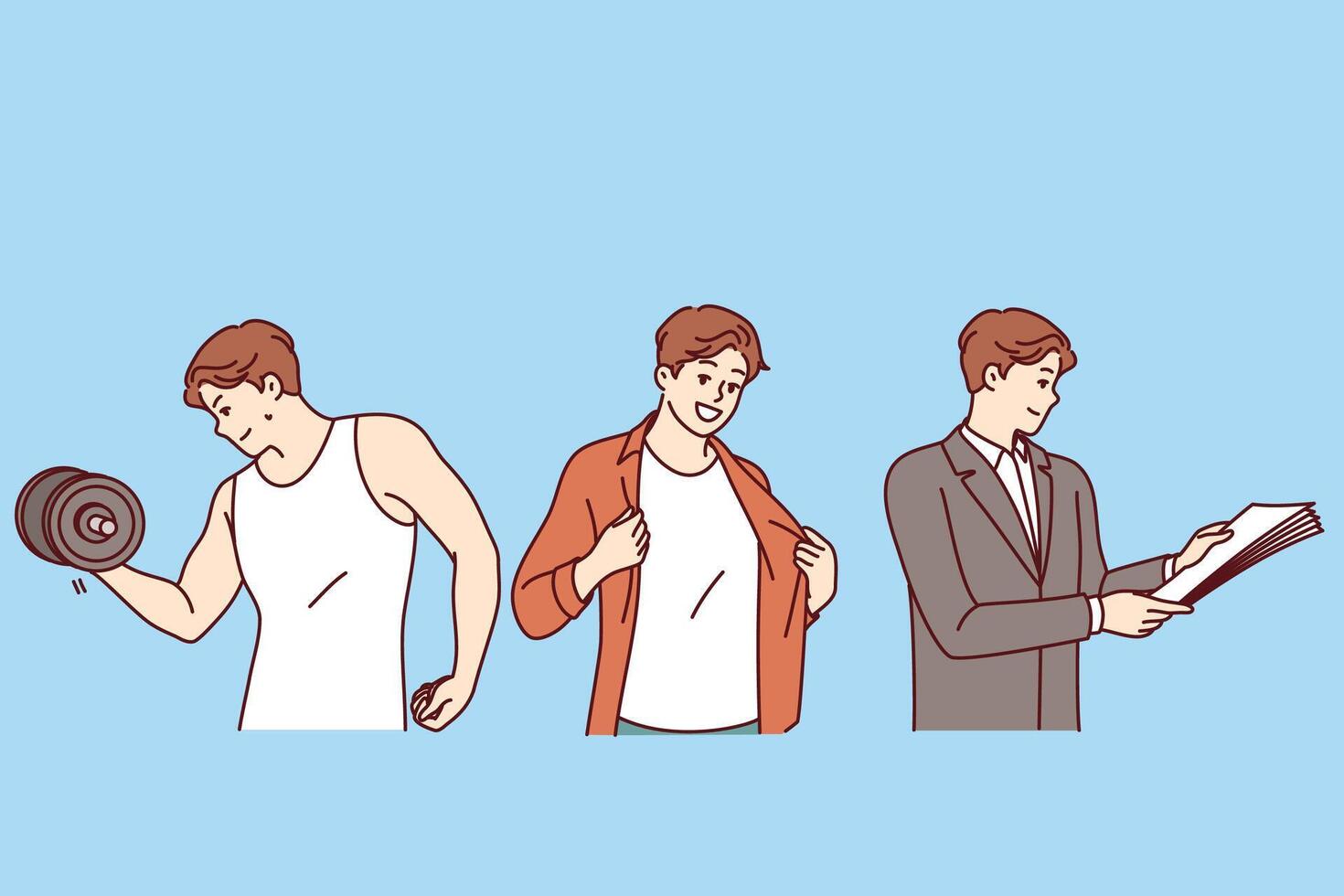 levensstijl van geslaagd Mens aan het doen sport- en dressing voor partij voordat werk dag. vector