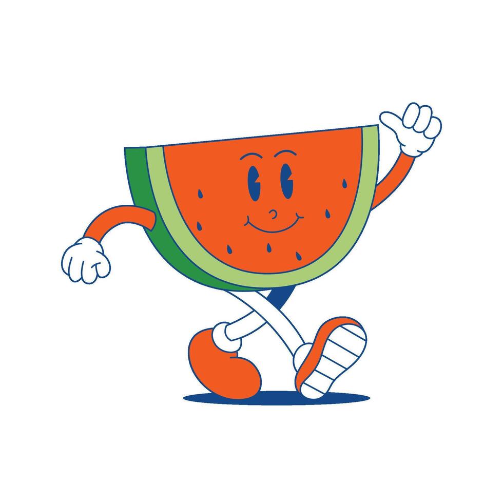 watermeloen retro mascotte. grappig tekenfilm karakter van watermeloen. vector