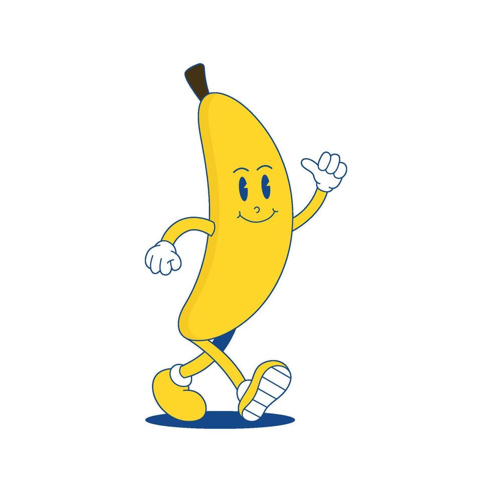 banaan retro mascotte. grappig tekenfilm karakter van banaan. vector