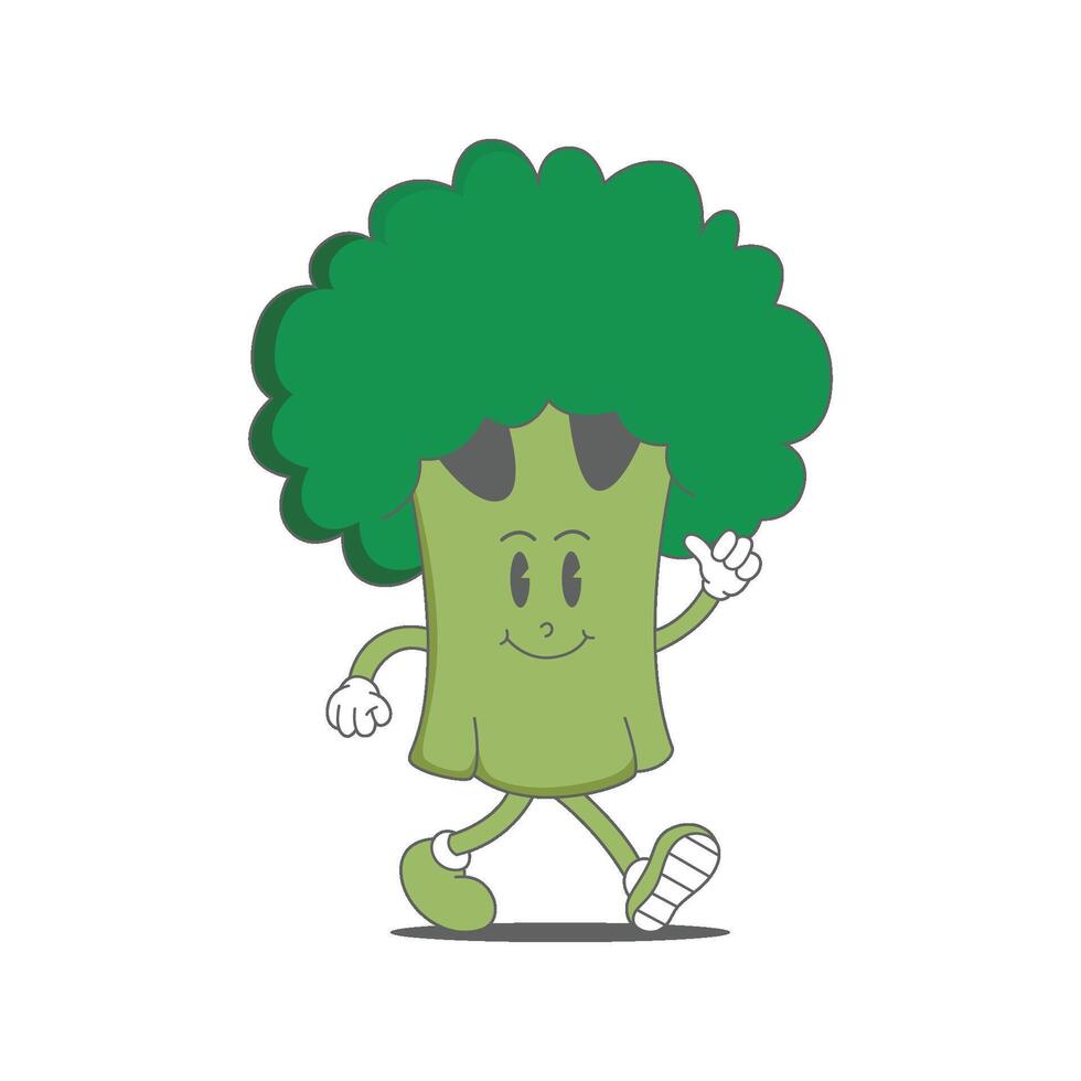 broccoli retro mascotte. grappig tekenfilm karakter van broccoli. vector