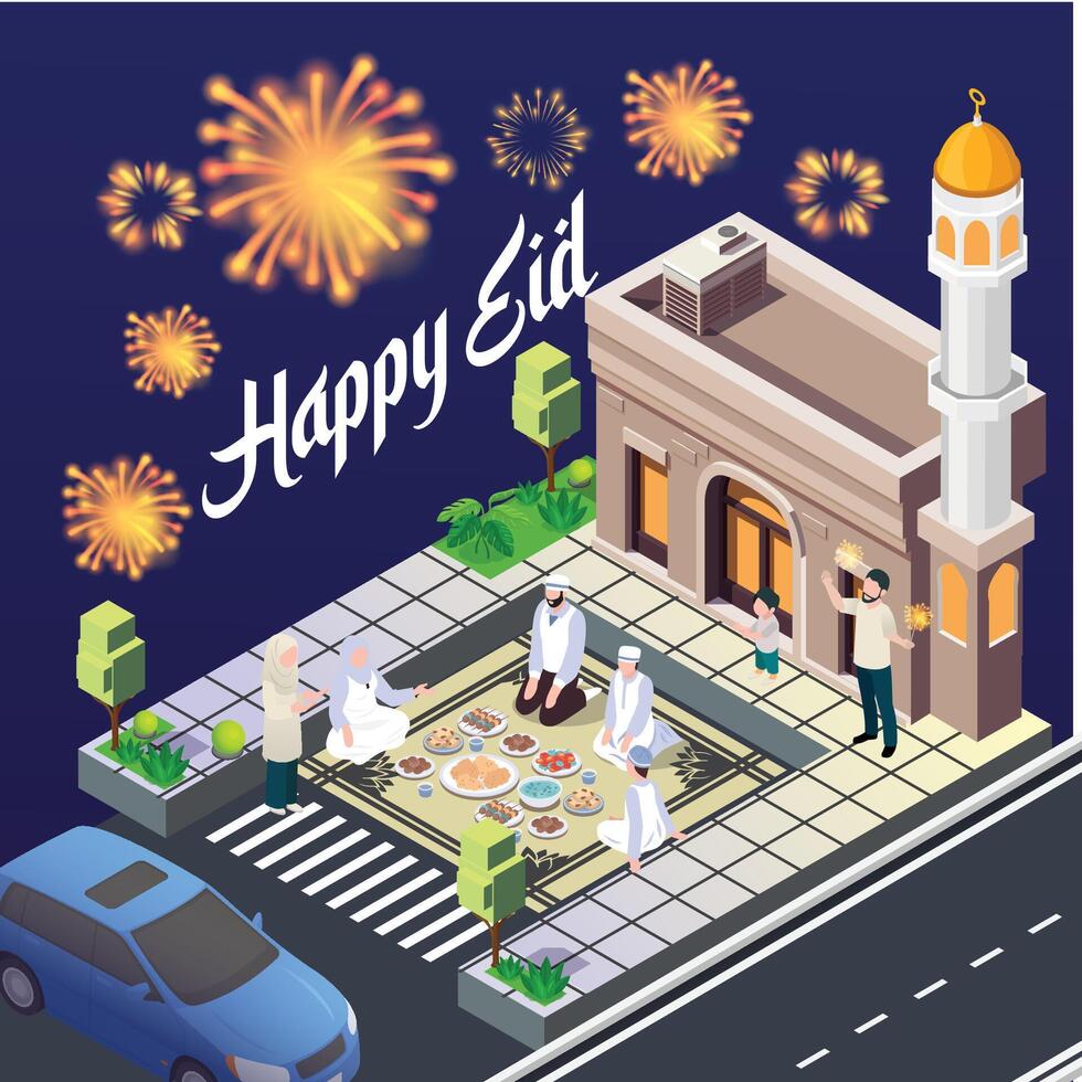 3d illustratie Ramadan kareem aan het eten met familie. in trottoir met voedsel en drankjes Aan de tafel lit door lantaarns. geschikt voor diagrammen, infografieken, boek illustratie vector