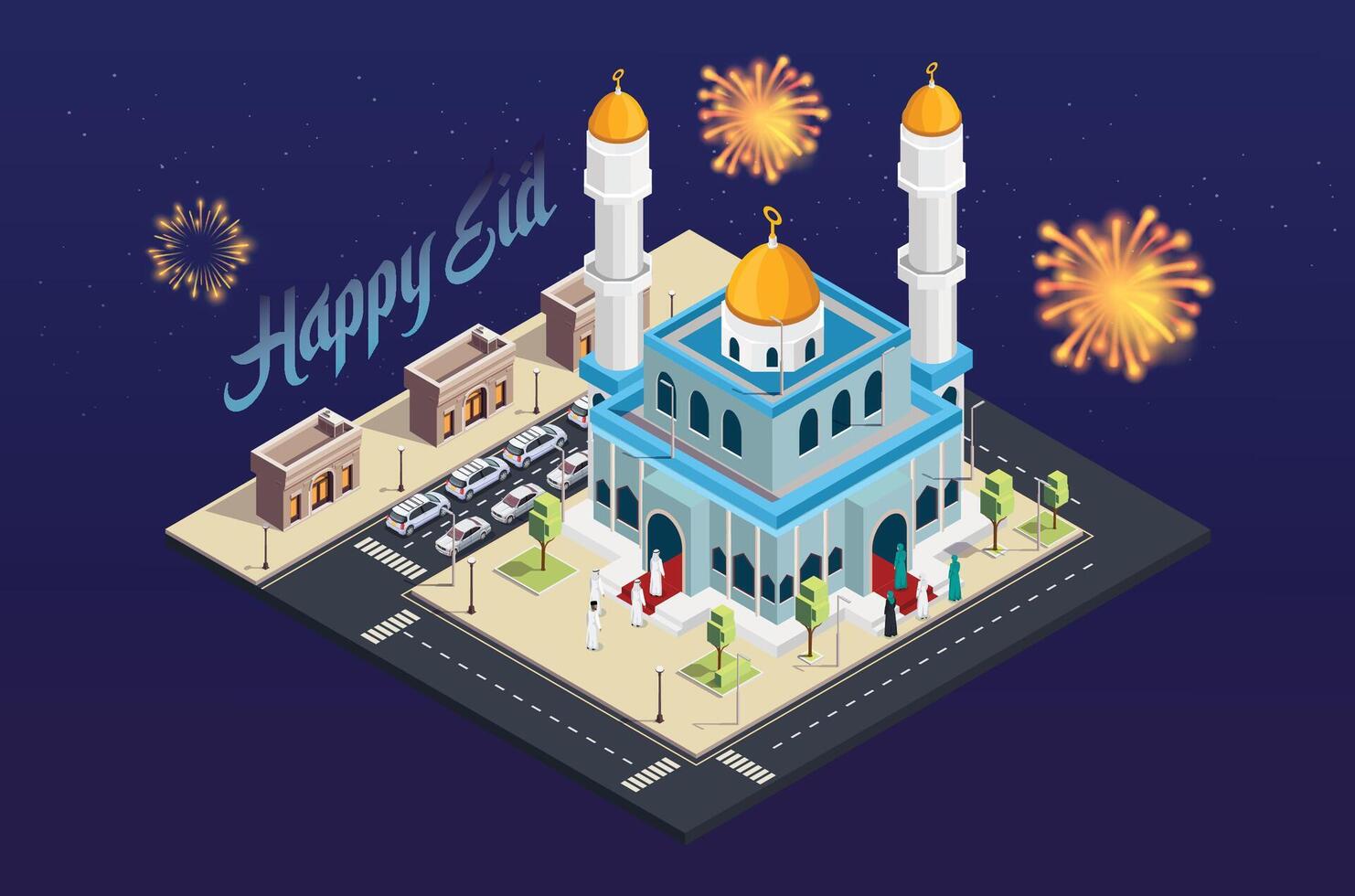 3d isometrische vector illustratie vieren eid al-fitr met familie bidden samen Bij de moskee in de midden- van de stad, geschikt voor diagrammen, infografieken, boek illustratie