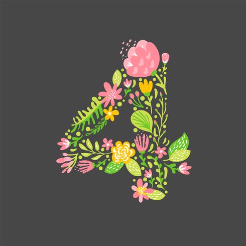 Bloemen zomer nummer 4 vier. Bloem Hoofdstad bruiloft alfabet. Kleurrijke lettertype met bloemen en bladeren. Vector illustratie Skandinavische stijl