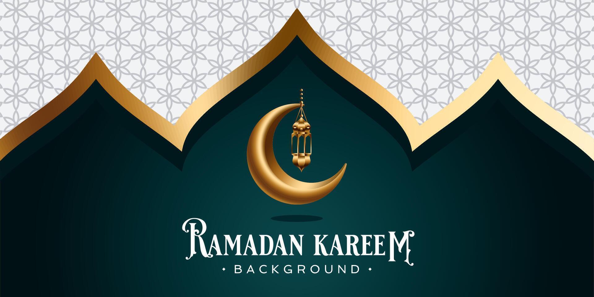 goud Ramadan kareem groet kaart vector. 3d vector modern Islamitisch vakantie banier, Ramadan kareem middelen Ramadan de genereus maand. hangende lantaarn en halve maan maan decor illustratie