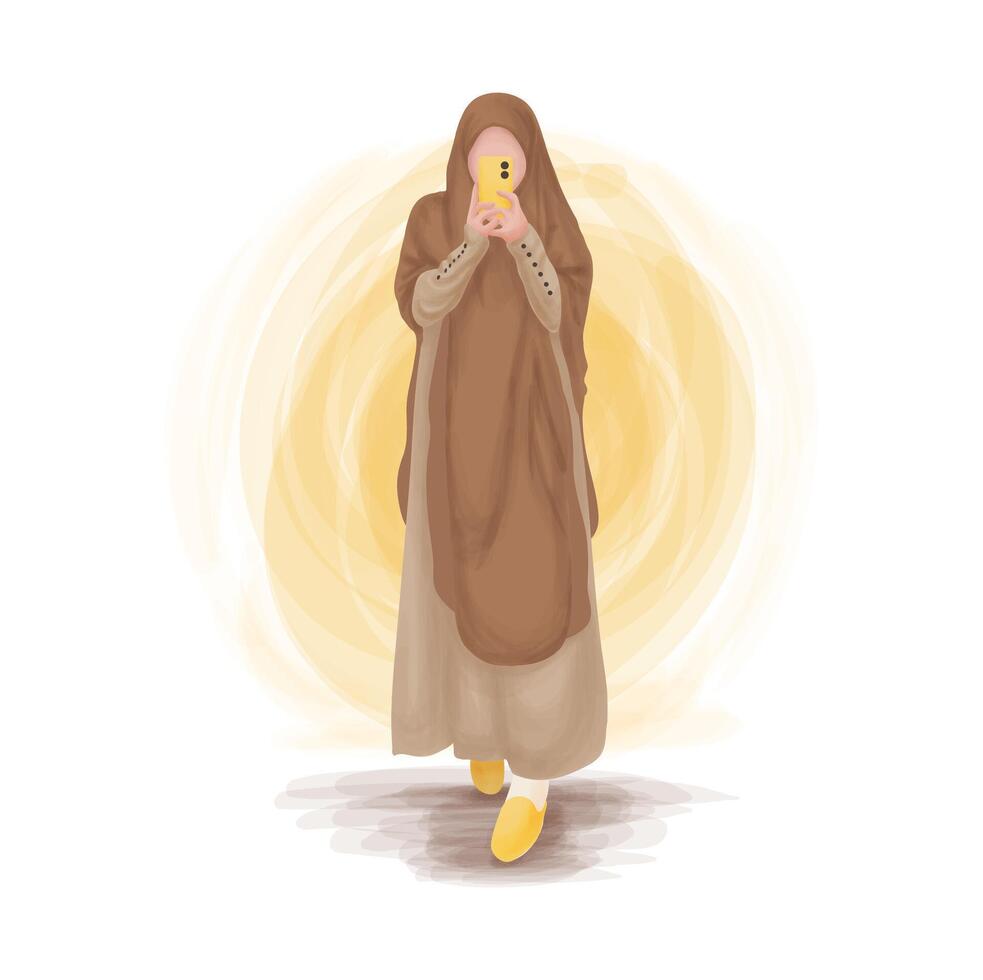 moslim vrouw vervelend abaya Holding smartphone in voorkant van haar gezicht illustratie vector