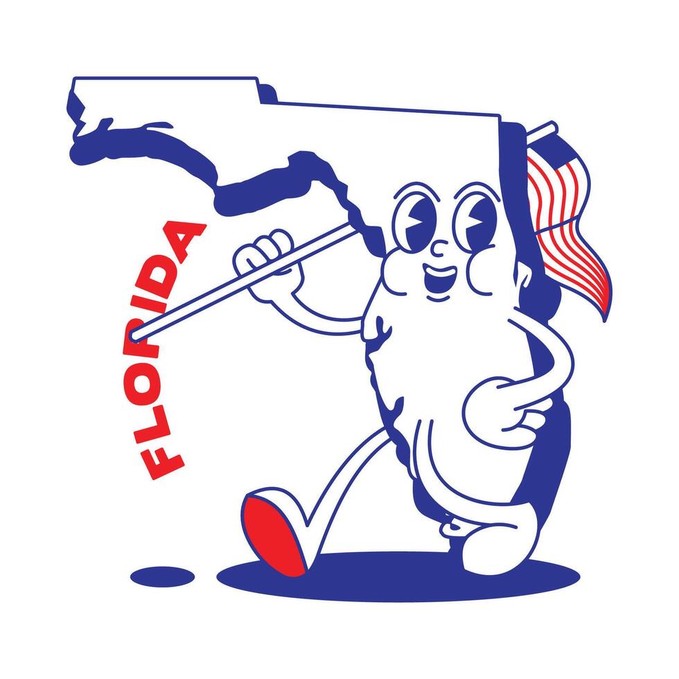 Florida staat retro mascotte met hand- en voet klem kunst. Verenigde Staten van Amerika kaart retro tekenfilm stickers met grappig grappig tekens en gehandschoende handen. vector sjabloon voor website, ontwerp, omslag, infographics.