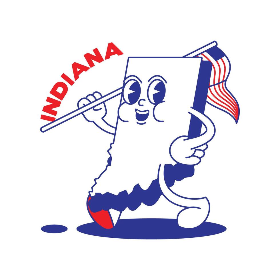 Indiana staat retro mascotte met hand- en voet klem kunst. Verenigde Staten van Amerika kaart retro tekenfilm stickers met grappig grappig tekens en gehandschoende handen. vector sjabloon voor website, ontwerp, omslag, infographics.