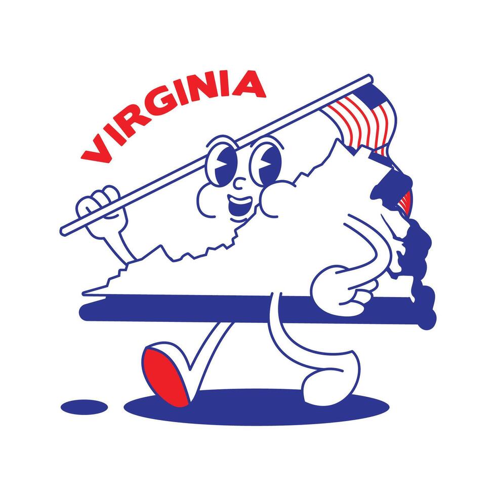 Virginia staat retro mascotte met hand- en voet klem kunst. Verenigde Staten van Amerika kaart retro tekenfilm stickers met grappig grappig tekens en gehandschoende handen. vector sjabloon voor website, ontwerp, omslag, infographics.